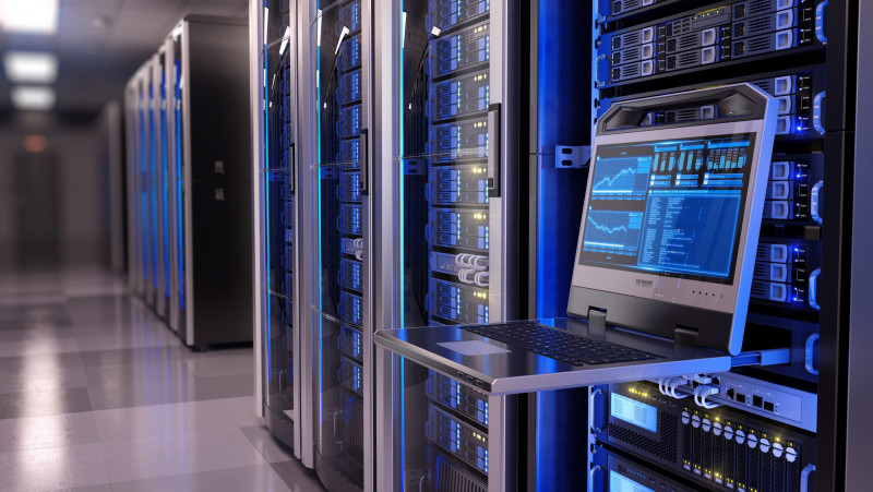 Rows of blue-lit server racks in a data centre, with a monitoring screen showing graphs